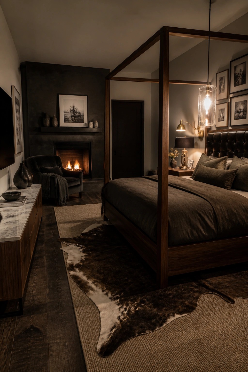 A bedroom with a large four-poster bed in dark walnut wood, dark bedding, a fireplace on the far wall, and mixed lighting from a pendant and wall sconces.