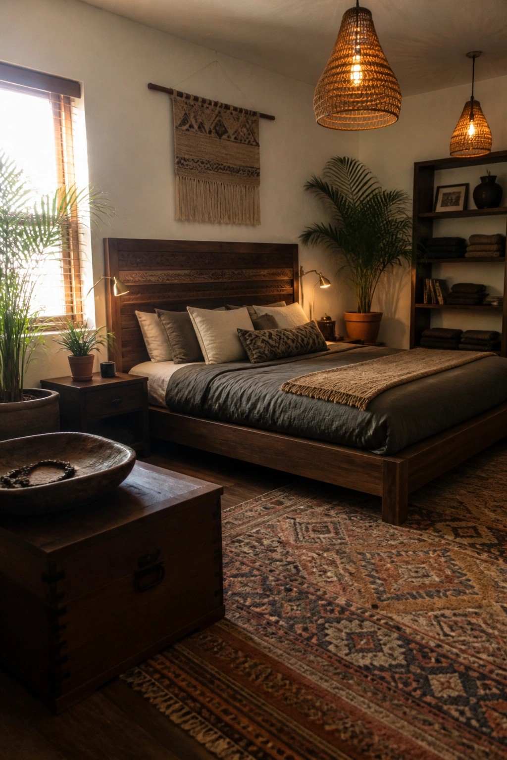 A bedroom with a dark walnut bed frame, layered bedding, two woven pendant lights, wall sconces, a wooden chest at the foot of the bed, and potted palms near the window.
