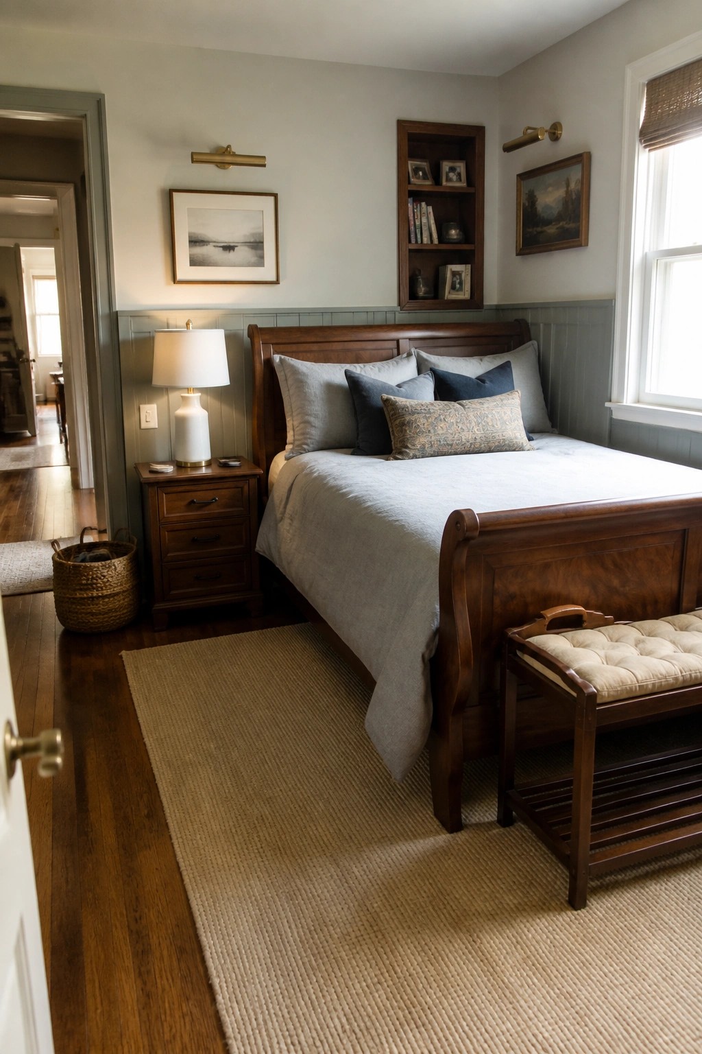 A bedroom with a dark wood sleigh bed, layered bedding, a wooden nightstand with a white lamp, wall sconces, and a built-in shelf above the bed.