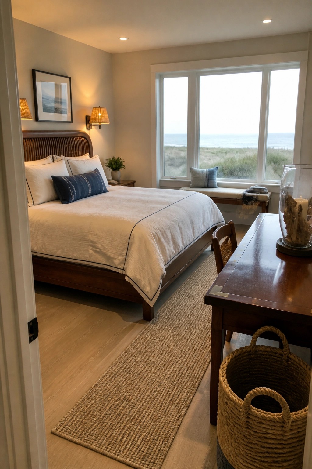 A bedroom interior featuring a large walnut bed with white and navy bedding, wall sconces, and a view of the ocean through three large windows.
