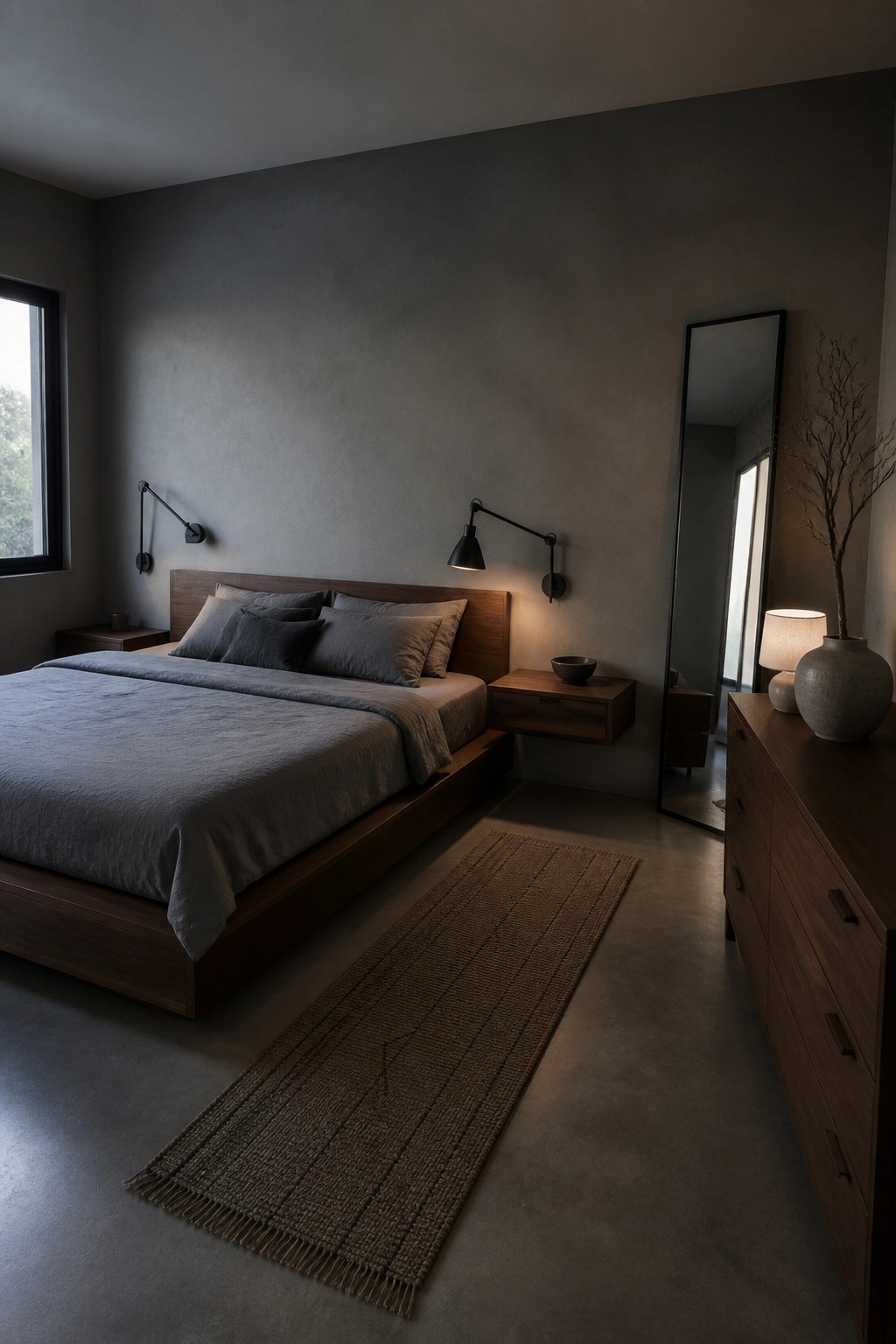 Minimalist dark bedroom with wooden bed, gray bedding, wall lamps, and woven rug.