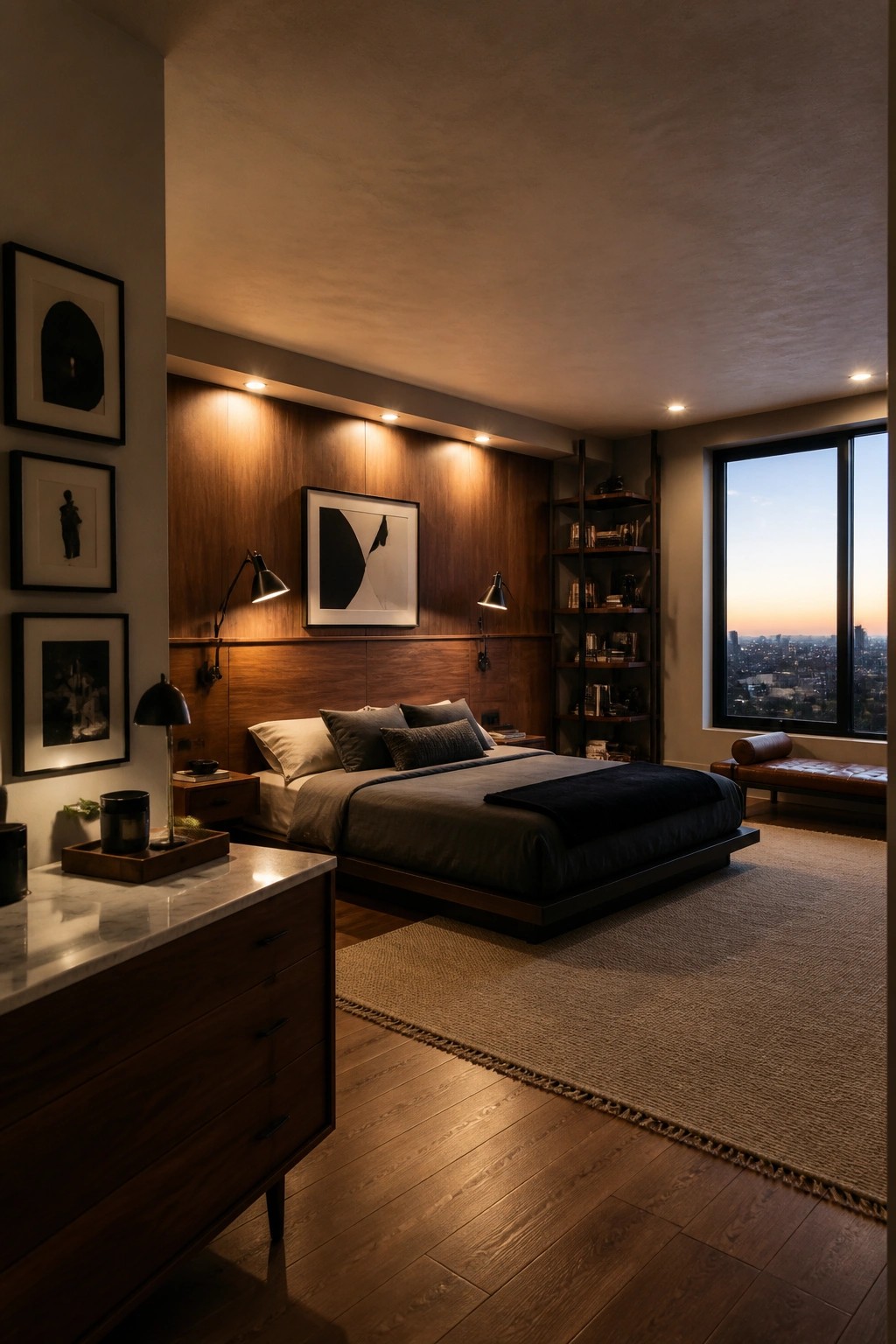 Modern bedroom with platform bed, wooden walls, city skyline view, warm lighting