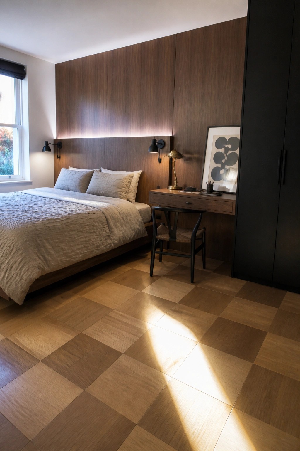 Modern bedroom with wooden bed, desk, chair, abstract art, and sunlit floor