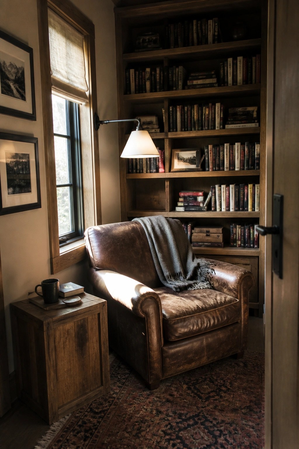 A brown leather armchair with a gray throw sits in front of tall wooden built-in bookshelves filled with books, next to a window with a small wooden side table holding a mug and book.