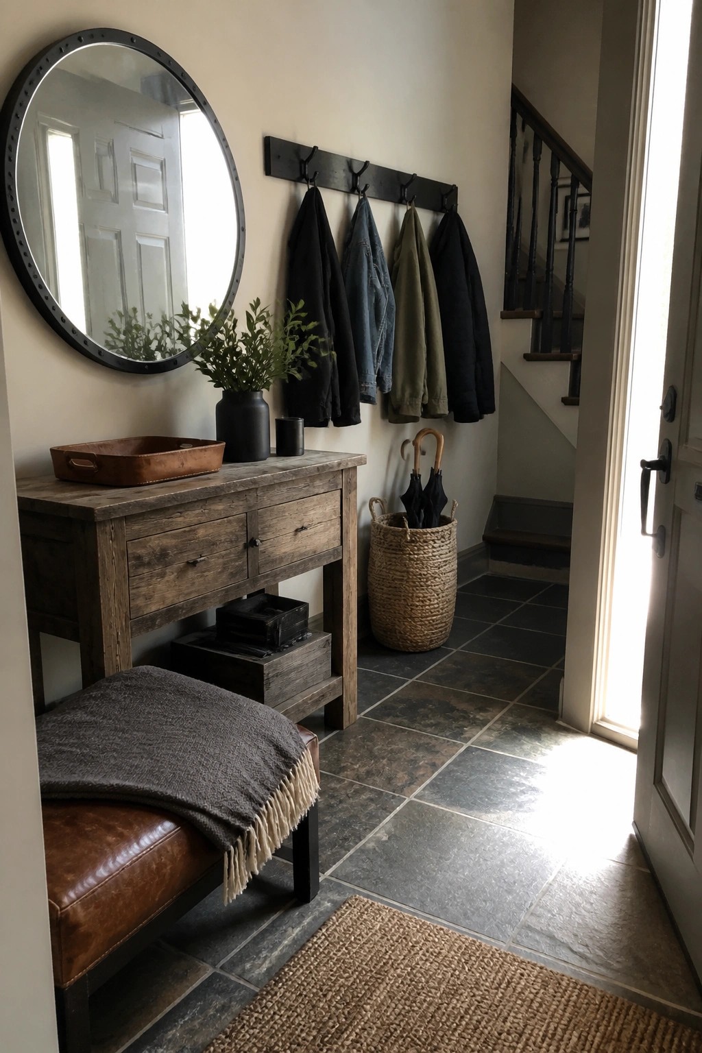 A rustic interior entryway with a reclaimed wood console table, round mirror, leather bench, coat hooks, and woven basket on a slate tile floor.