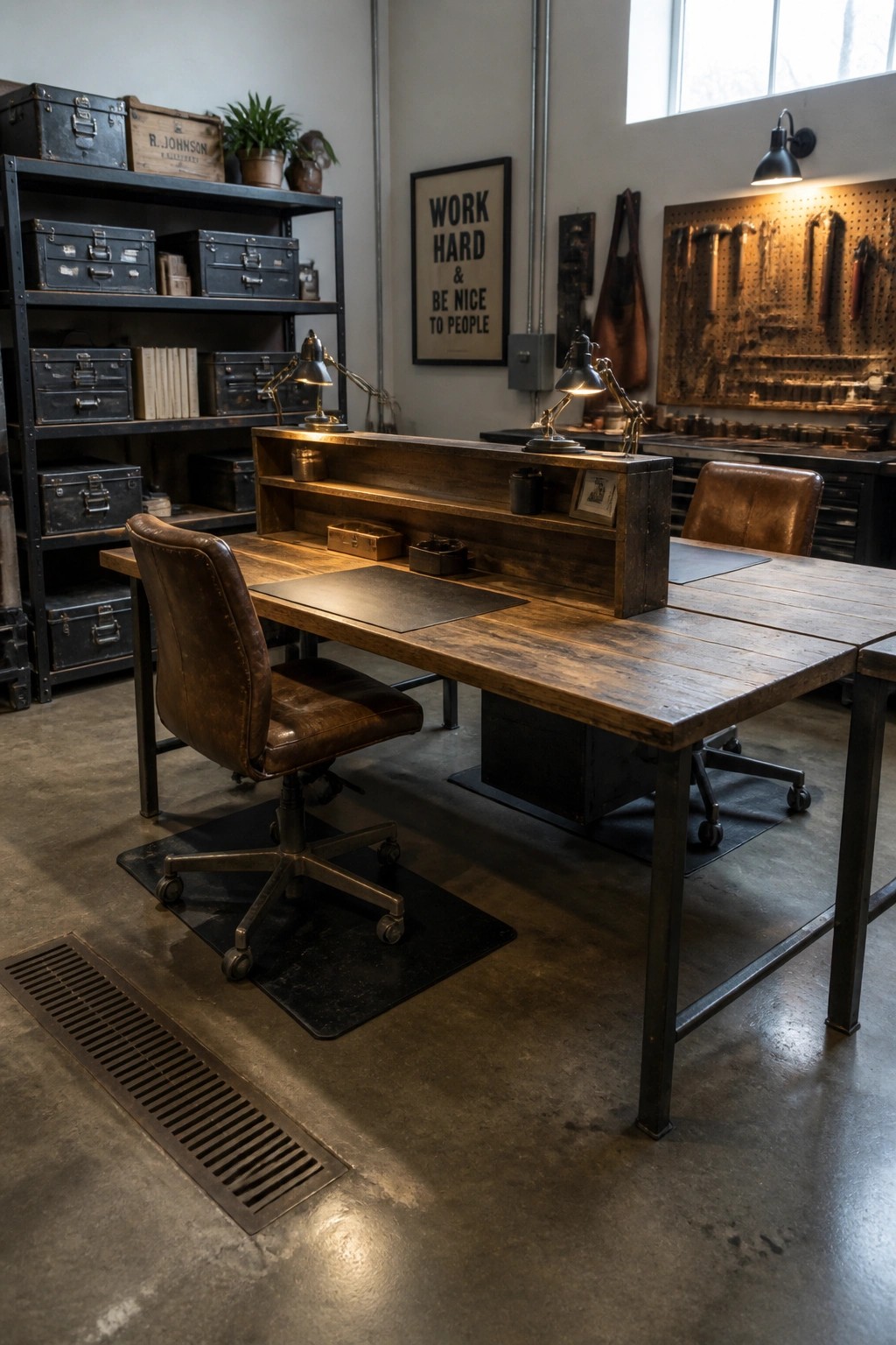 A long reclaimed wood desk with two brown leather swivel chairs, metal shelving units holding vintage trunks, and wall-mounted task lamps in an industrial-style office.