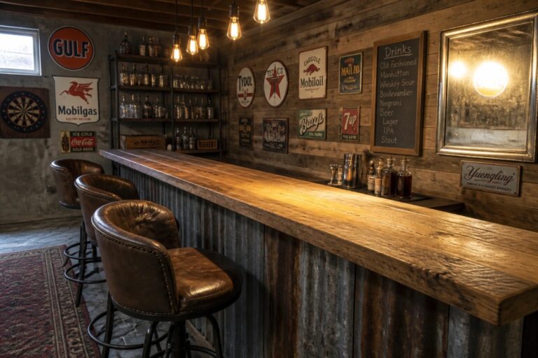 22 Rustic Man Cave Ideas Using Reclaimed Wood and Vintage Signage A wooden bar counter with three brown leather stools in front of it, vintage signs on the wall behind, and shelves of bottles to the right.