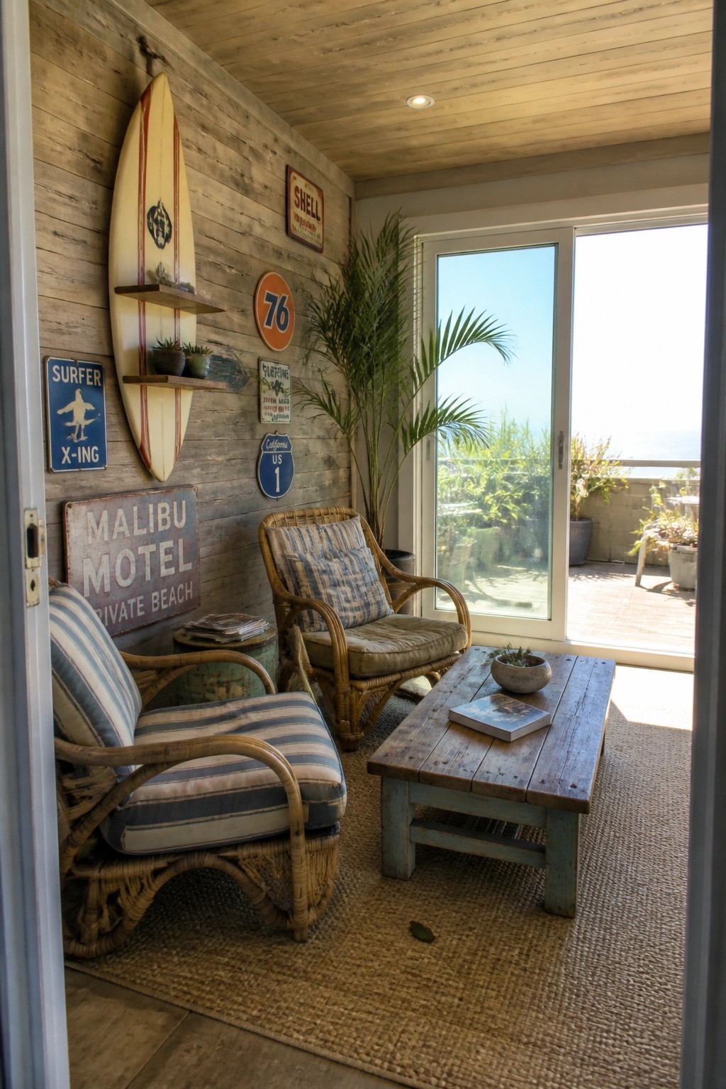 A covered porch with reclaimed wood walls, a surfboard on a shelf, several vintage signs, two rattan chairs with striped cushions, a wooden coffee table on a woven rug, and sliding glass doors opening to a deck with an ocean view.