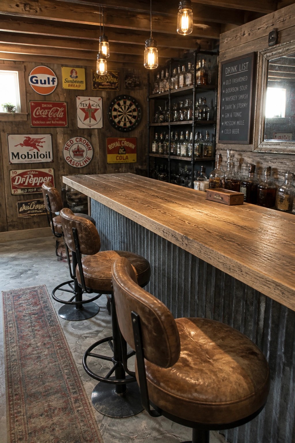 A wooden bar counter with three brown leather stools in front of it, vintage signs on the wall behind, and shelves of bottles to the right.