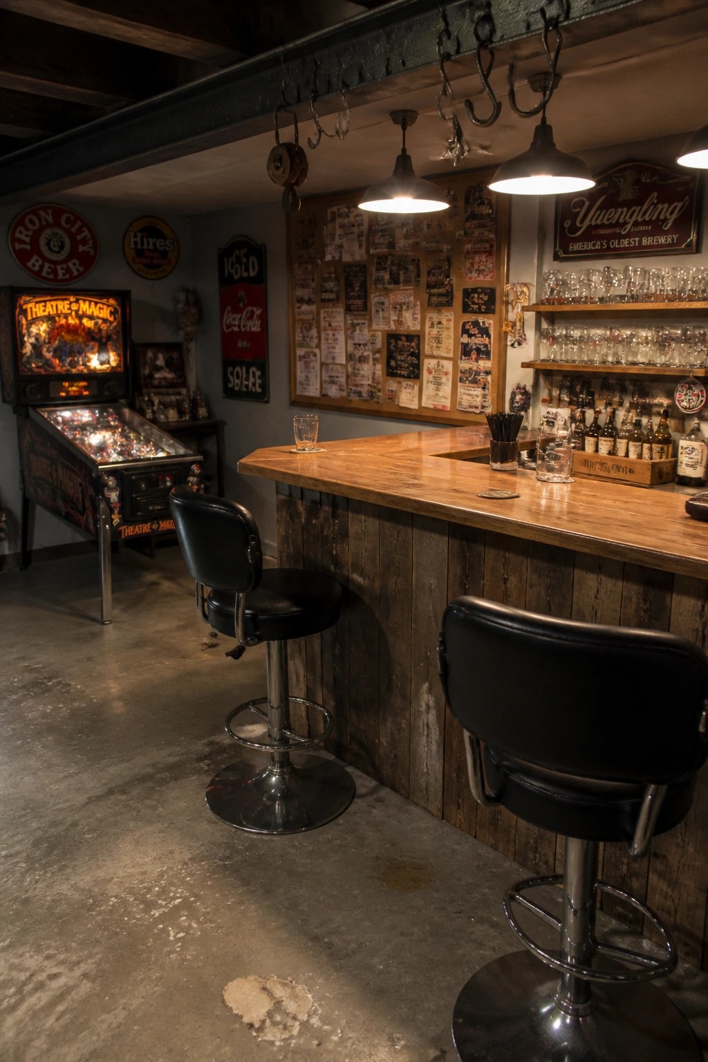 Interior view of a bar made with reclaimed wood, two black stools, vintage signs on the wall, and a pinball machine nearby.