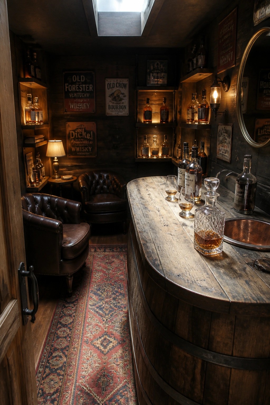 A rustic interior bar area with a curved reclaimed wood counter, leather armchairs on a patterned rug, wooden shelves holding whiskey bottles, and walls covered in vintage bourbon signs.