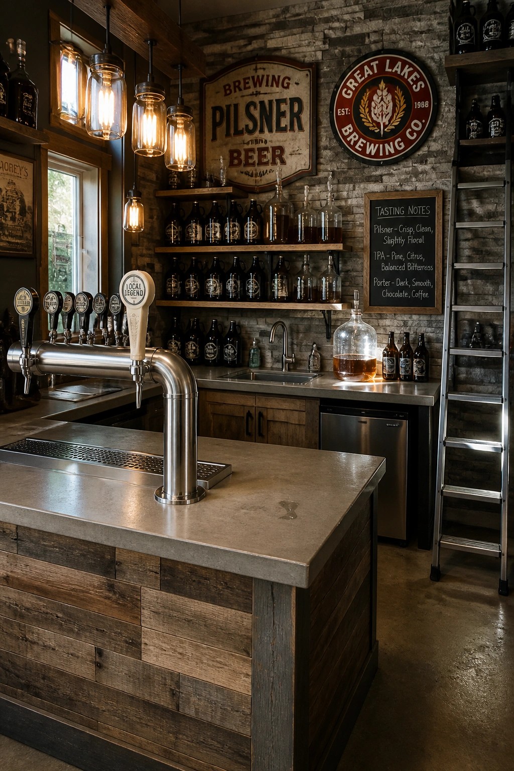 A rustic home bar with a reclaimed wood front, stainless steel taps, and vintage brewing signs mounted on a stone wall.