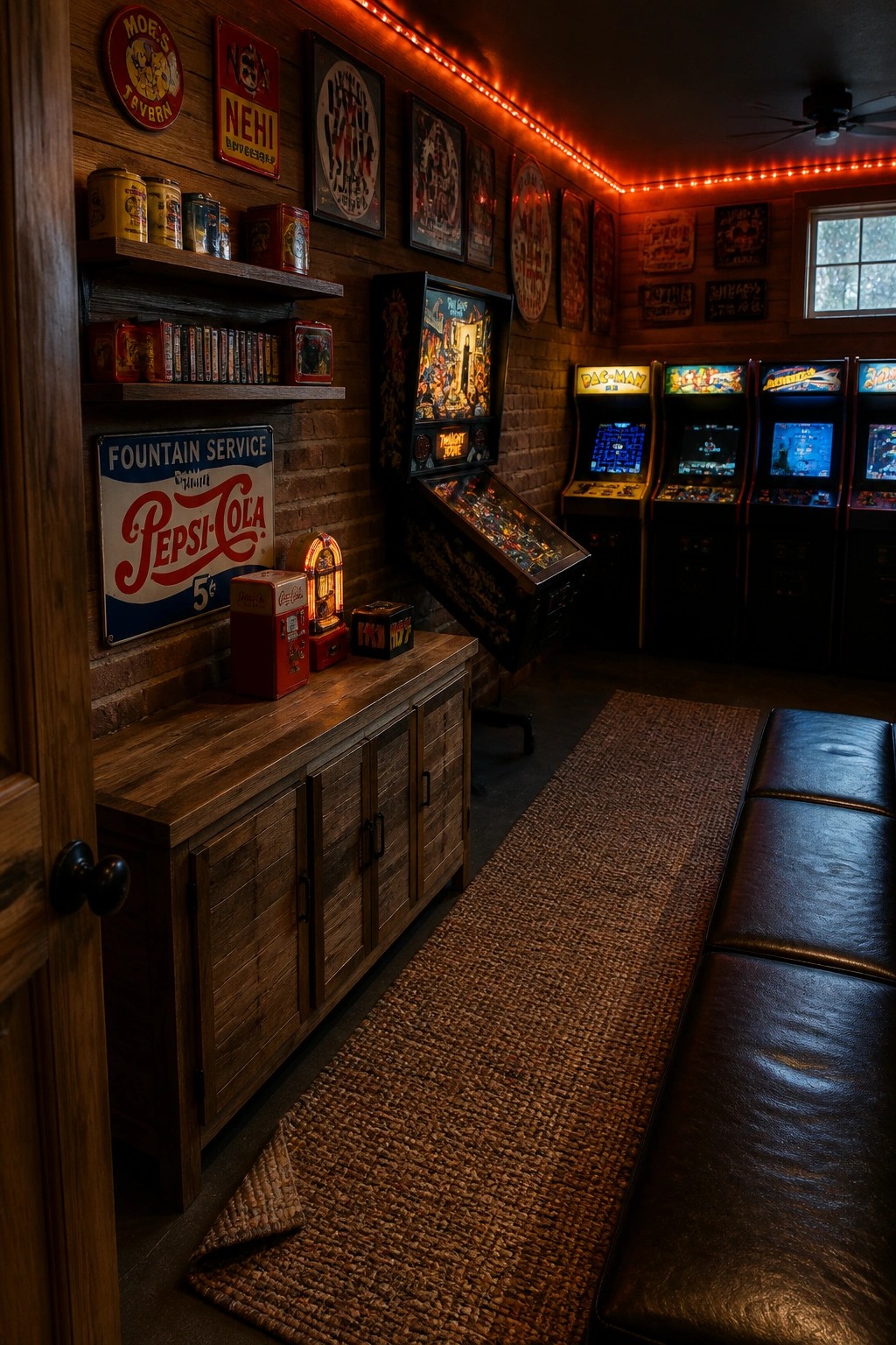 Interior view of a rustic man cave with reclaimed wood cabinet, vintage signs on the walls, a pinball machine, and several arcade games.