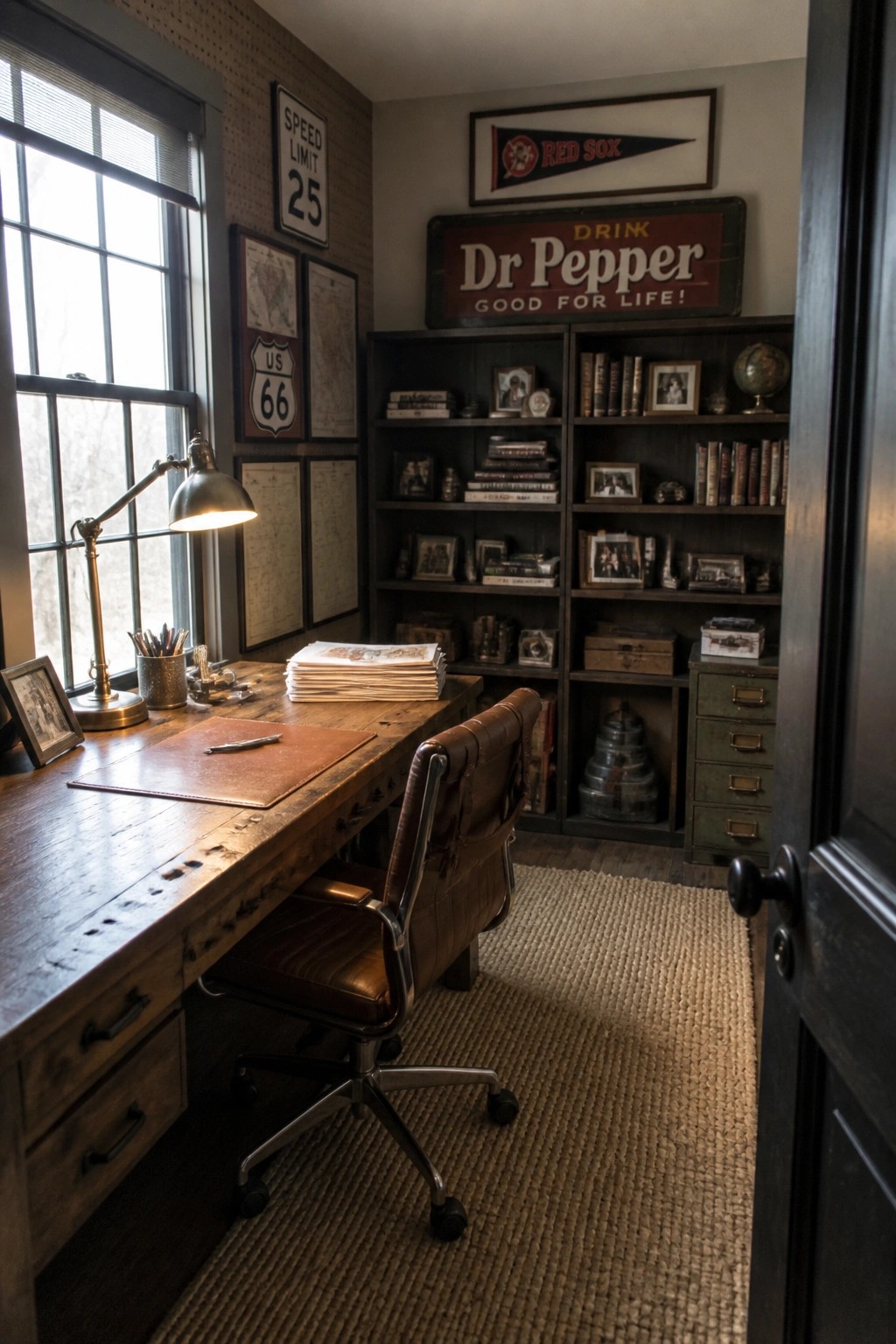 Rustic office with wooden desk, leather chair, bookshelves, and vintage signs on walls.