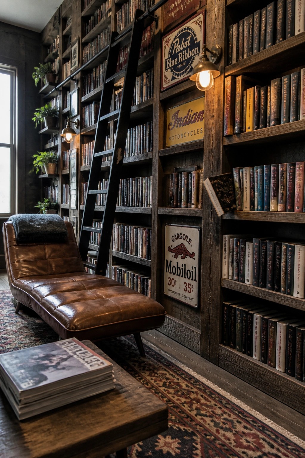 Interior view of a room with tall dark wood bookshelves filled with books, a black rolling ladder, a brown leather chaise, and multiple vintage metal signs mounted among the shelves.