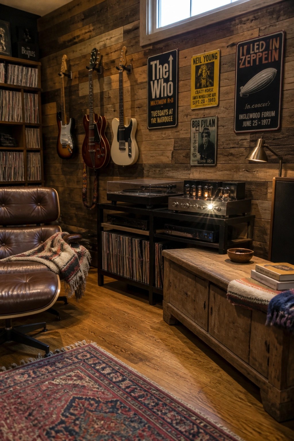 A room with reclaimed wood plank walls displaying several vintage music posters and three electric guitars, along with a record player, amplifier, brown leather chair, and wooden cabinet.