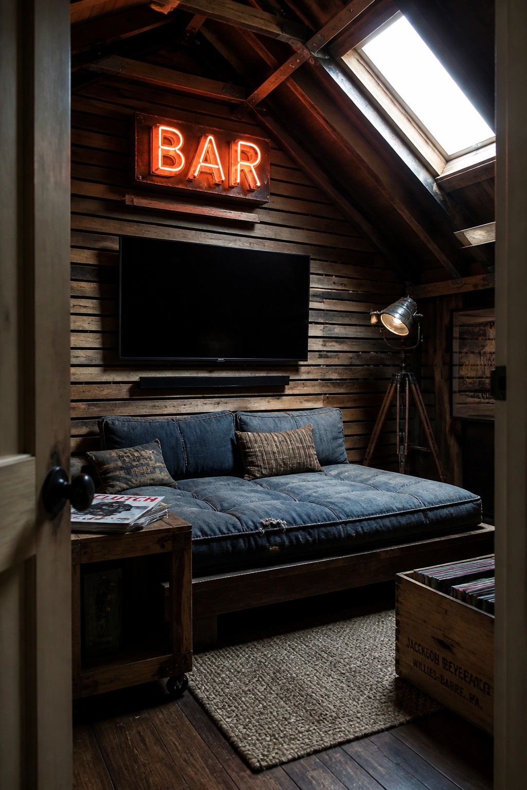 A small attic room with dark reclaimed wood walls, a wall-mounted TV, a blue denim sofa, and a red neon BAR sign above the television.