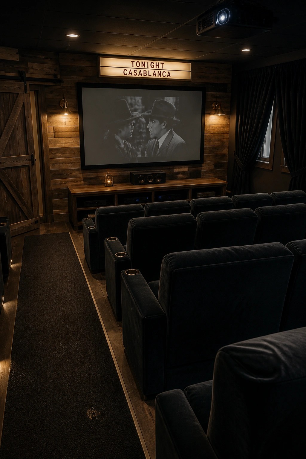A home theater room with dark velvet seating, a large projection screen showing a black and white film scene, reclaimed wood walls, and an illuminated vintage sign above the screen.