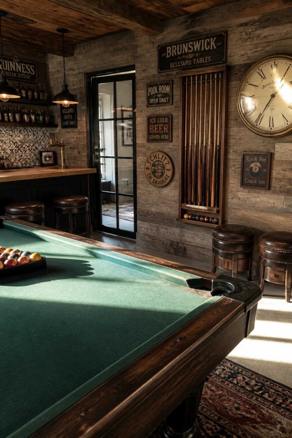 A rustic man cave interior with reclaimed wood walls, a green pool table, vintage signs, and a wall-mounted cue rack.