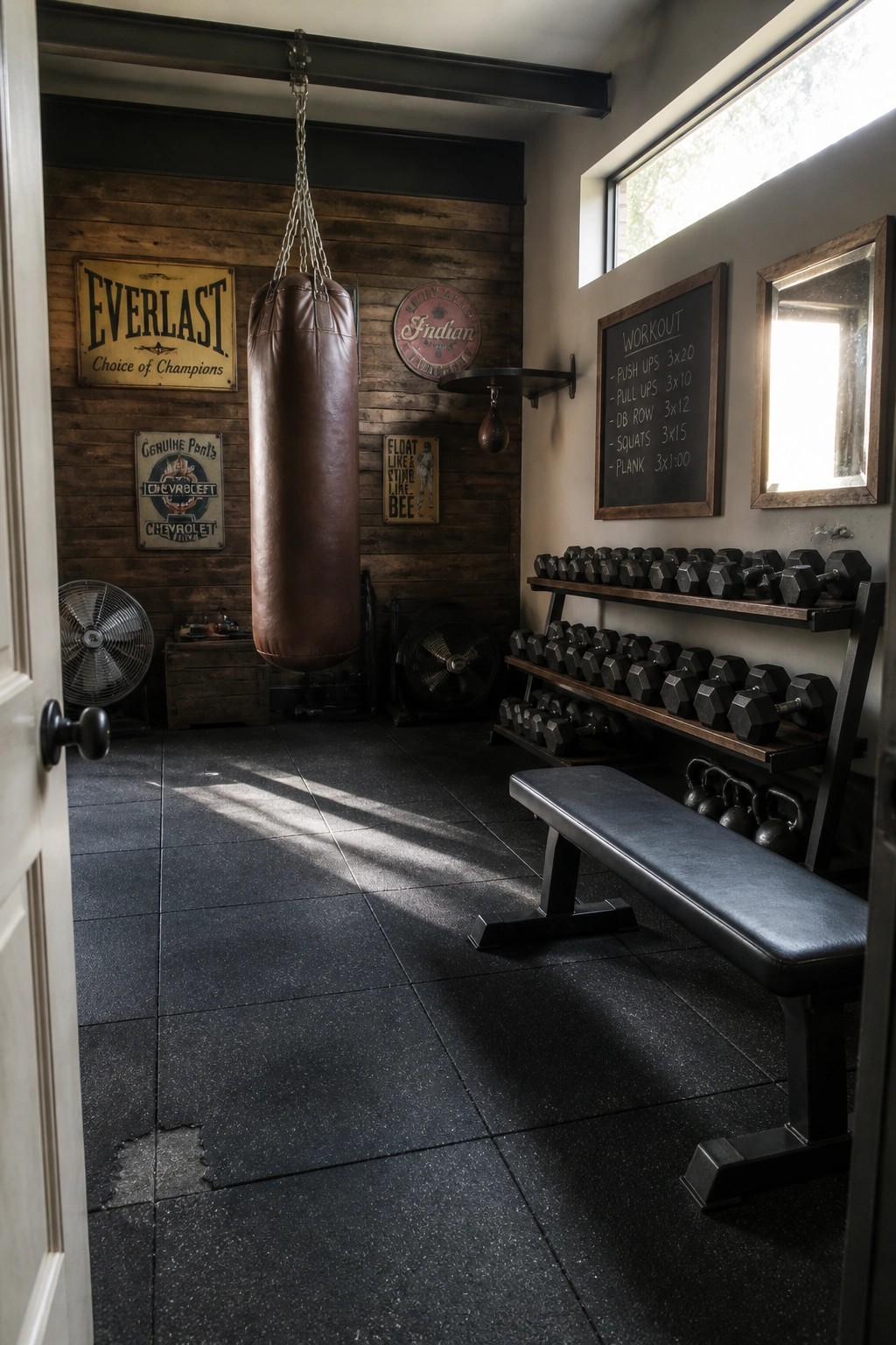 A home gym interior with reclaimed wood walls, a hanging punching bag, dumbbell racks, a weight bench, vintage signs, and a chalkboard workout list.
