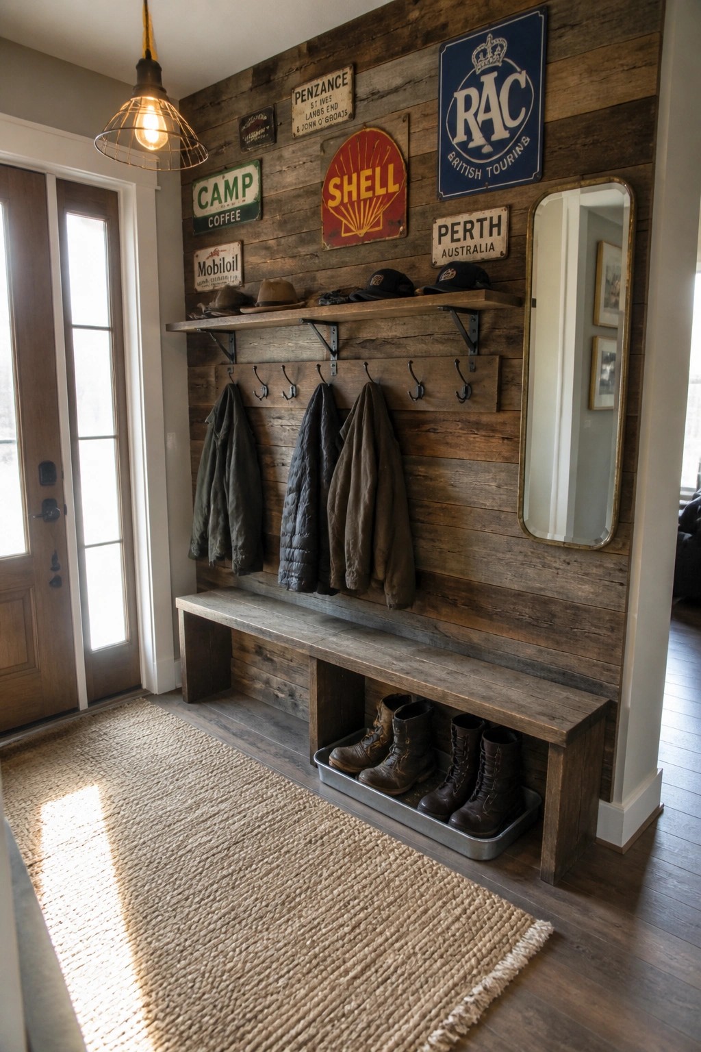 Rustic wooden entryway with vintage signs, coat hooks, bench, and boot storage.