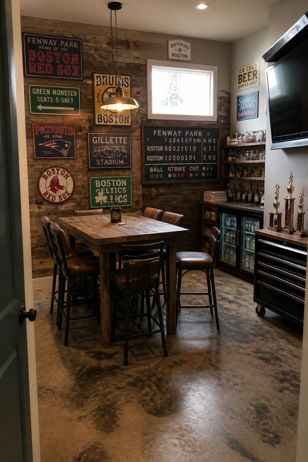 Interior of a rustic man cave with reclaimed wood walls displaying multiple vintage Boston sports signs, a wooden table with chairs, and a small bar area on the right.