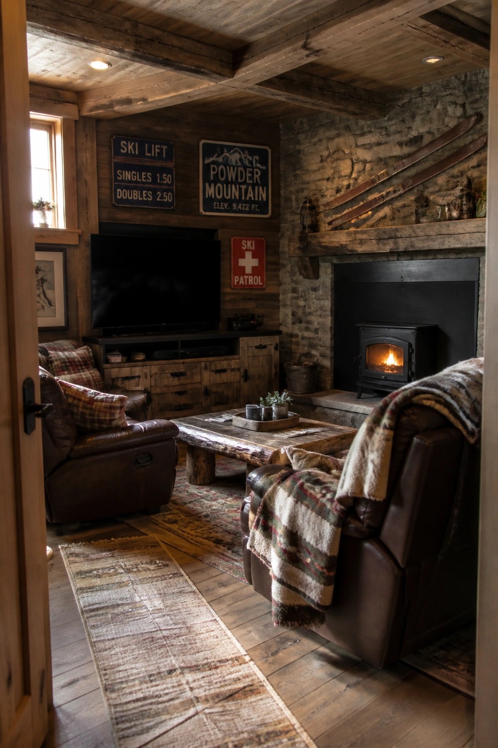 A rustic interior room with reclaimed wood walls and ceiling beams, a stone fireplace, leather recliners, a wooden coffee table, and several vintage signs mounted above a television.