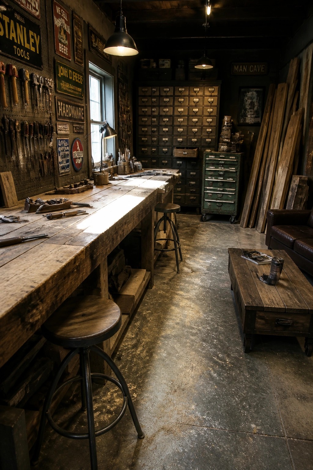 A rustic workshop interior featuring a large reclaimed wood workbench, two stools, vintage signs on the walls, and a green tool cabinet in the background.