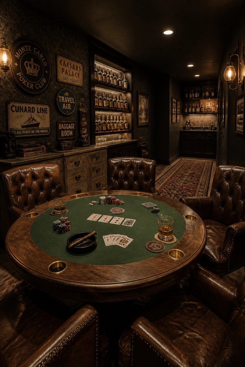 A dimly lit man cave with a round green felt poker table, brown leather chairs, vintage signs on dark walls, and a backlit wooden bar shelf stocked with bottles.