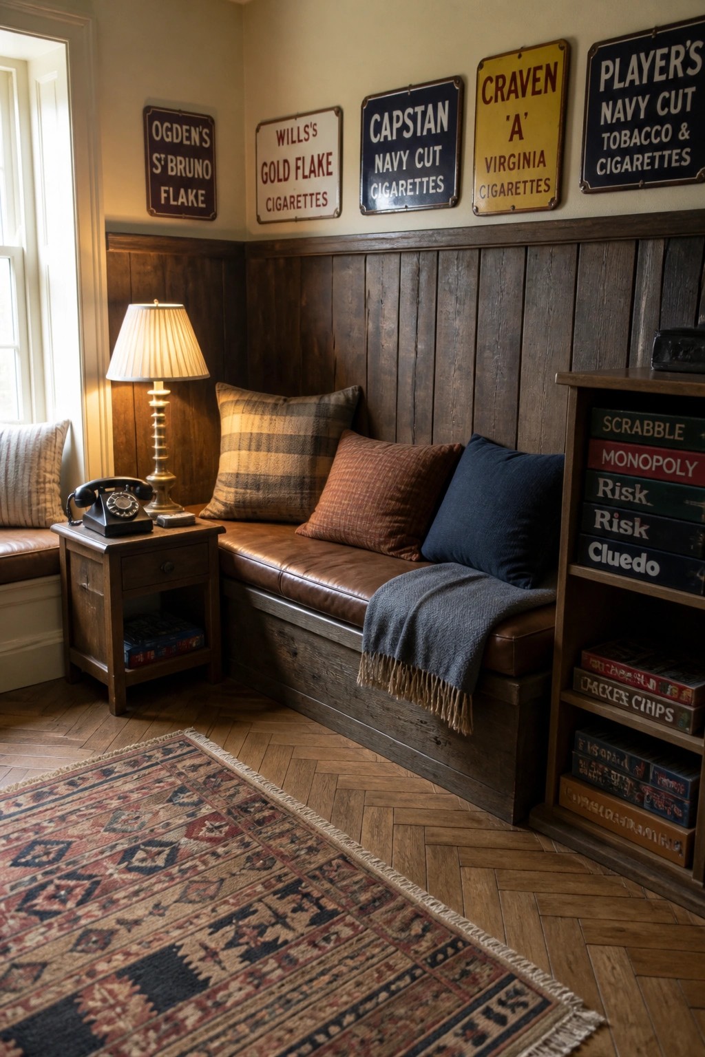 A corner room with dark wood wainscoting, a leather bench topped with pillows and a throw, several vintage advertising signs mounted above the bench, a side table with a lamp, and a patterned rug on the floor.
