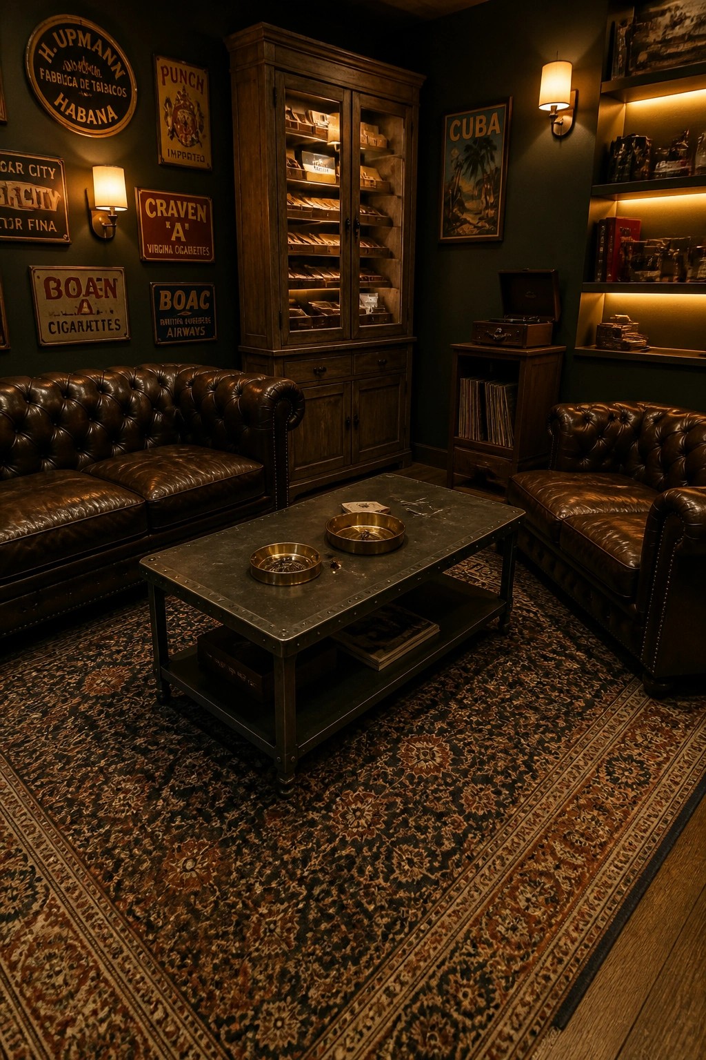 A dimly lit interior room featuring two brown leather sofas, a dark wood cabinet with glass doors, a metal coffee table, and numerous vintage signs mounted on dark green walls.