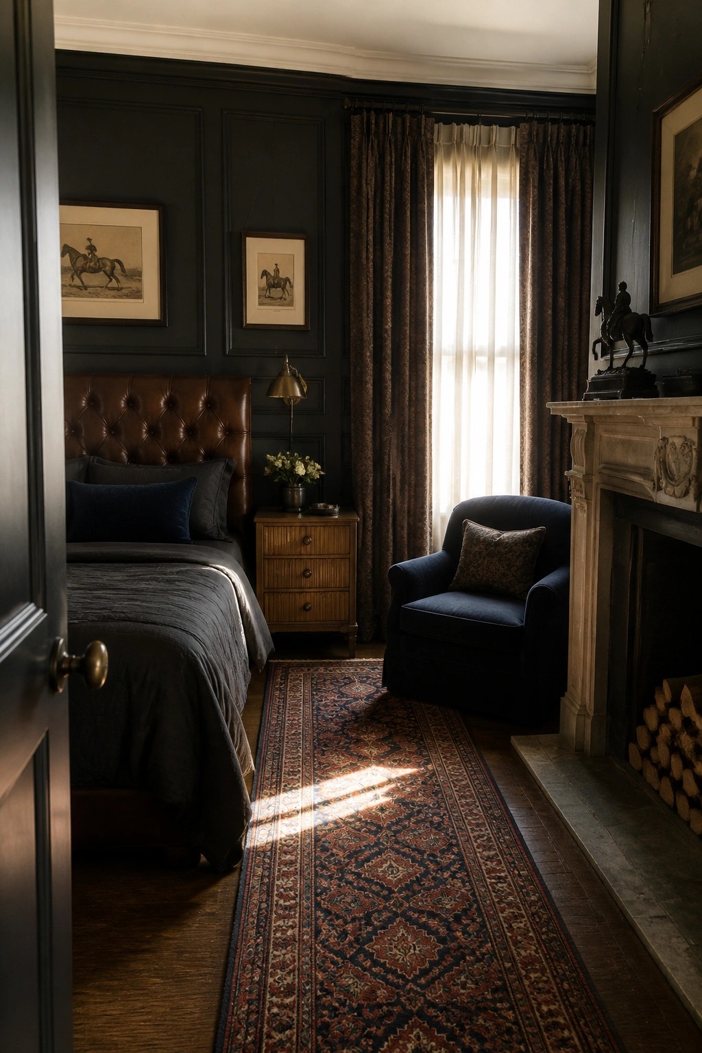 A bedroom interior featuring dark paneled walls, a brown leather tufted headboard, a wooden nightstand, a blue armchair, and a long patterned rug on hardwood flooring.
