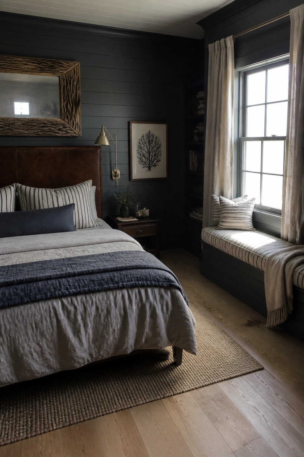 Dark gray bedroom with leather bed, striped linens, window seat, and woven rug.