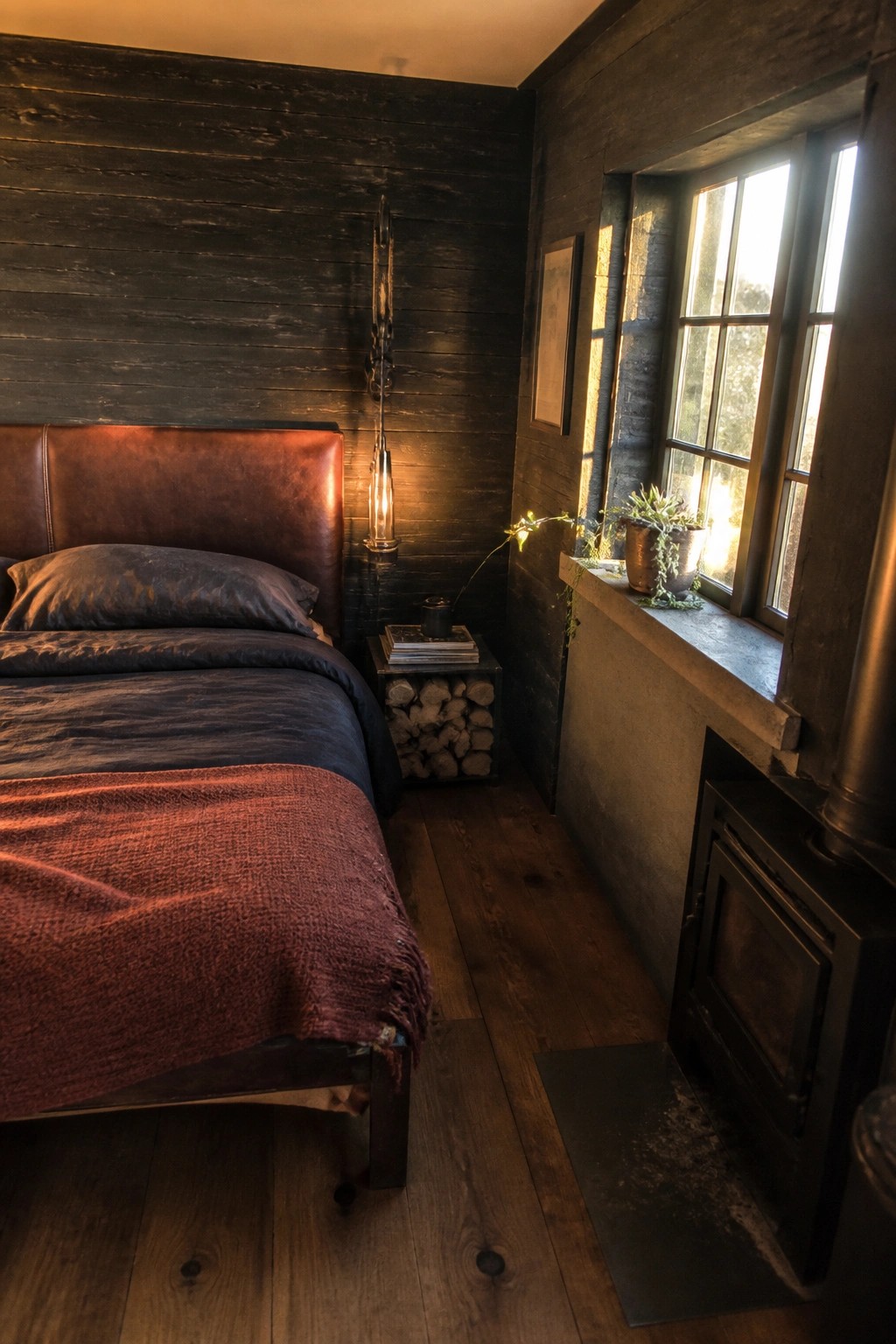 A bedroom interior with dark wood plank walls, a brown leather headboard on a bed with dark linens, a small nightstand with stacked books, a window on the right side, and a black wood stove in the corner.