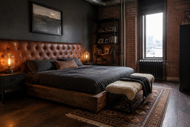 22 Striking Dark Bedrooms for Men With Leather Headboards Industrial bedroom with tufted leather headboard, dark bedding, brick wall, and patterned rug