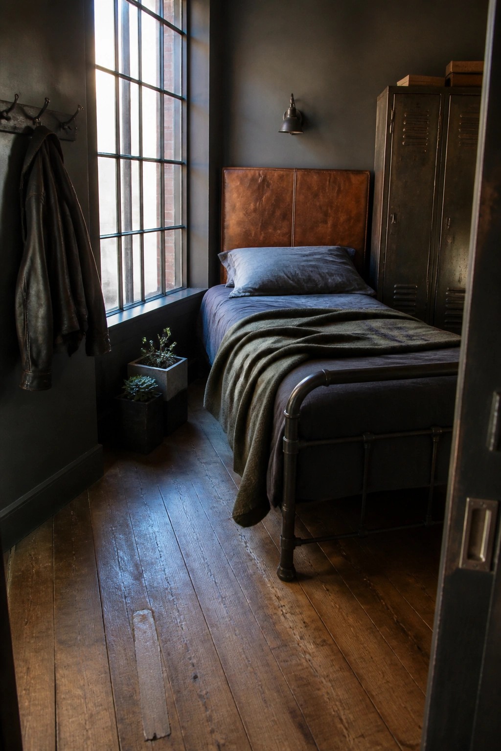 A bedroom with dark gray walls, a brown leather headboard on a metal bed frame, blue bedding, and a large window with a jacket hanging nearby.
