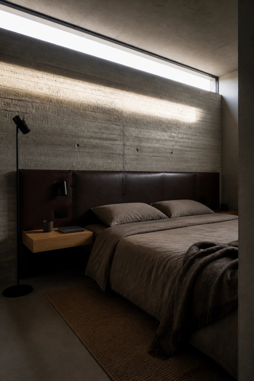 A modern bedroom featuring a dark brown leather headboard against a textured concrete wall, with matching bedding, a floating wooden nightstand, and a tall black floor lamp.