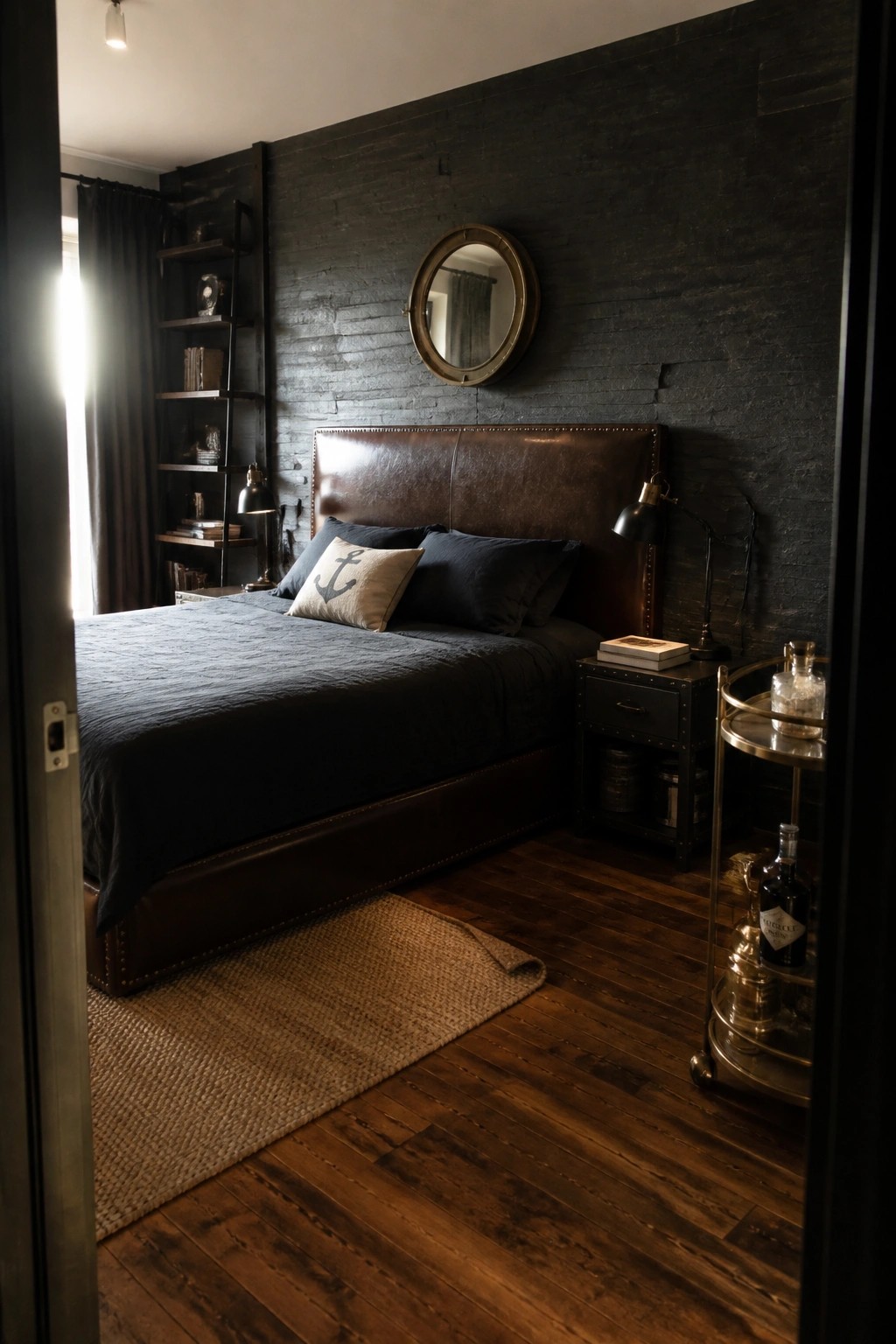 A bedroom featuring a brown leather headboard on a dark textured wall, with dark bedding, a round mirror above the bed, and dark wood flooring.