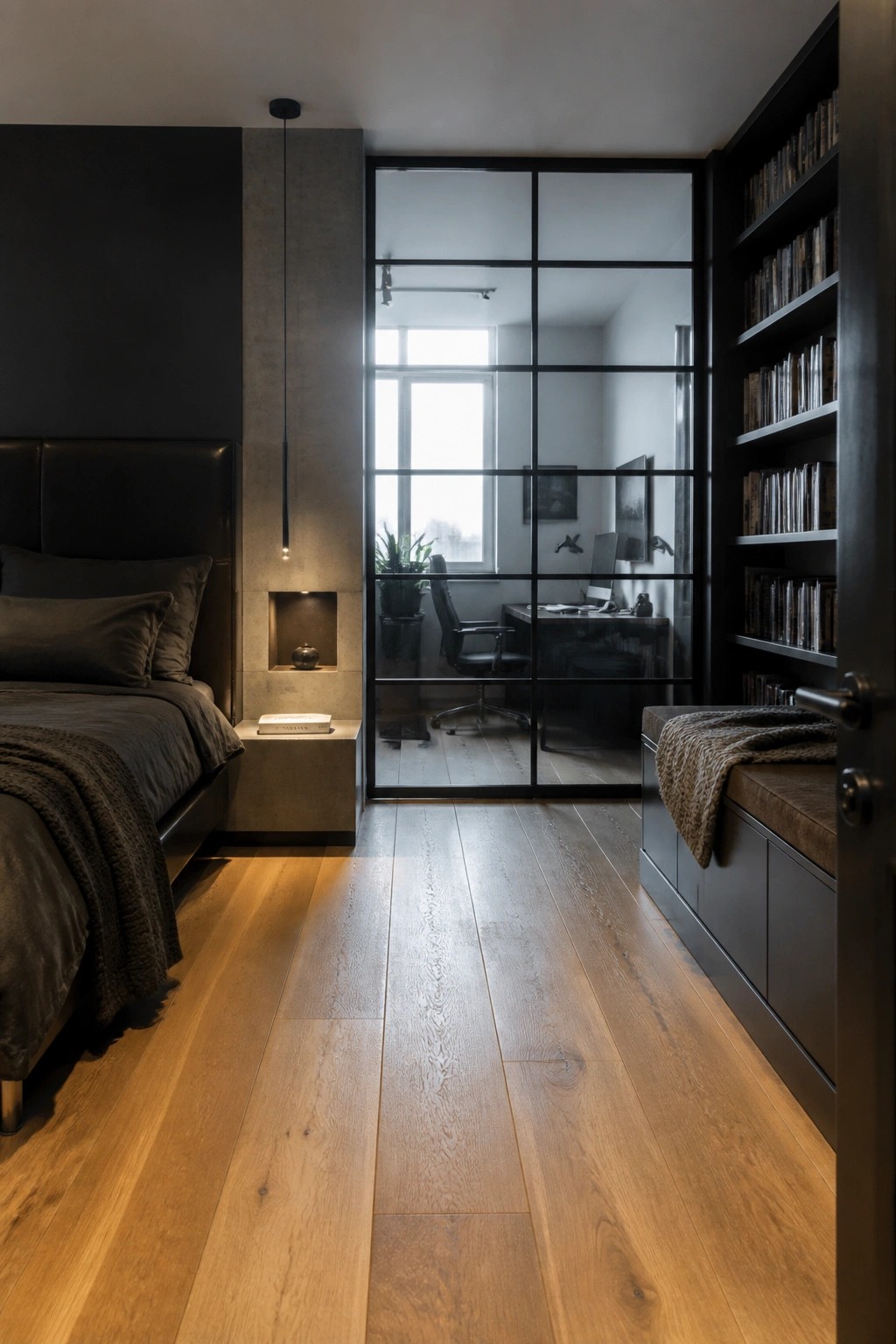 A bedroom featuring a dark leather headboard on a bed with dark bedding, set against a black wall with a concrete accent and a glass partition to an adjacent office.