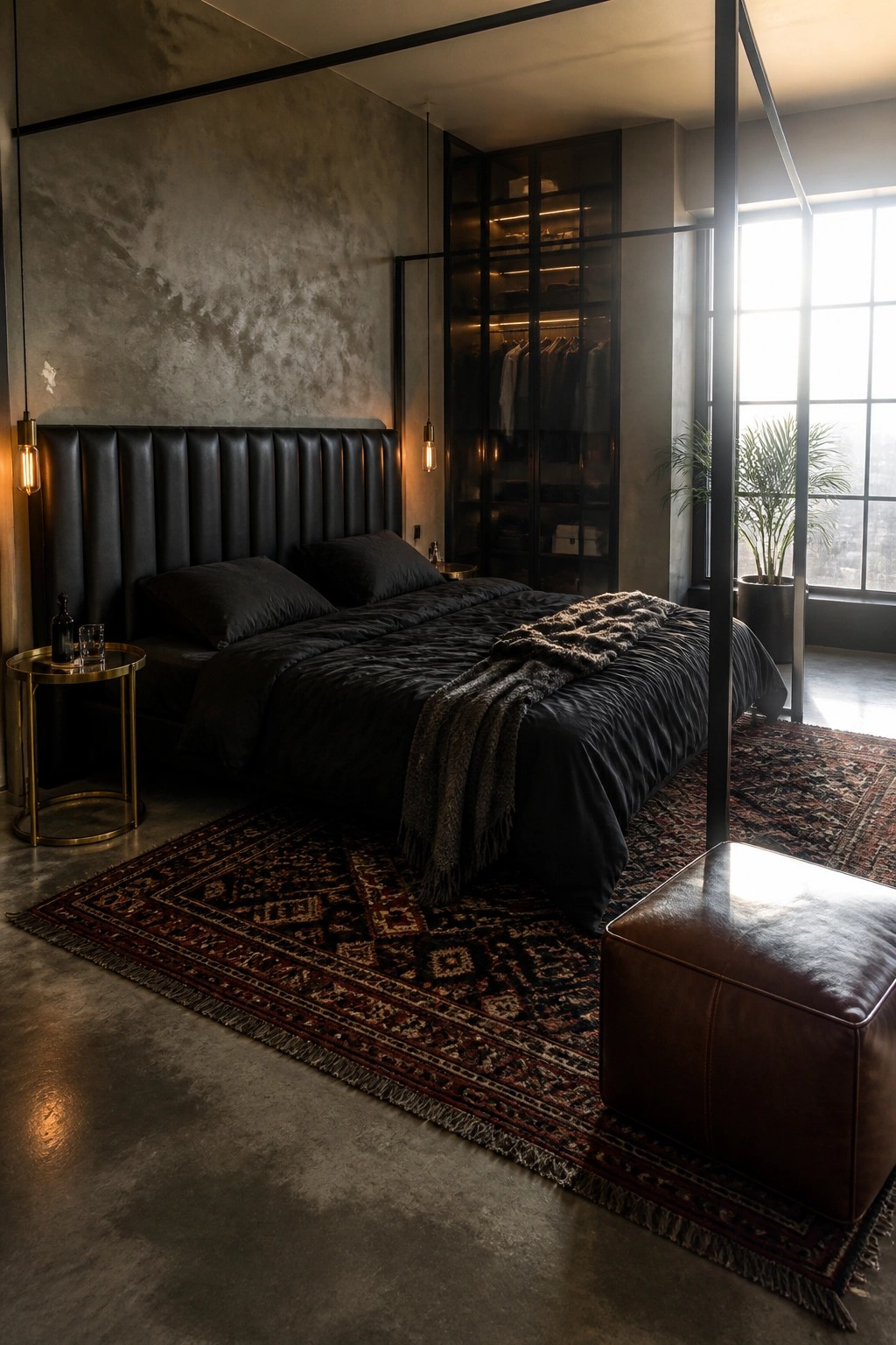 A dark bedroom with a black leather tufted headboard, black bedding, a patterned rug on concrete flooring, and a large window letting in natural light.