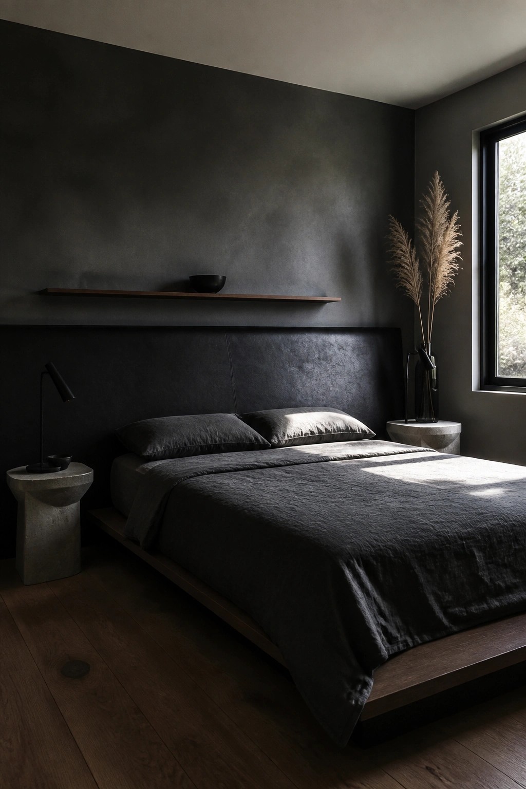 A dark bedroom featuring a large leather headboard, dark gray bedding, concrete nightstands, and a floating shelf on a textured dark wall.