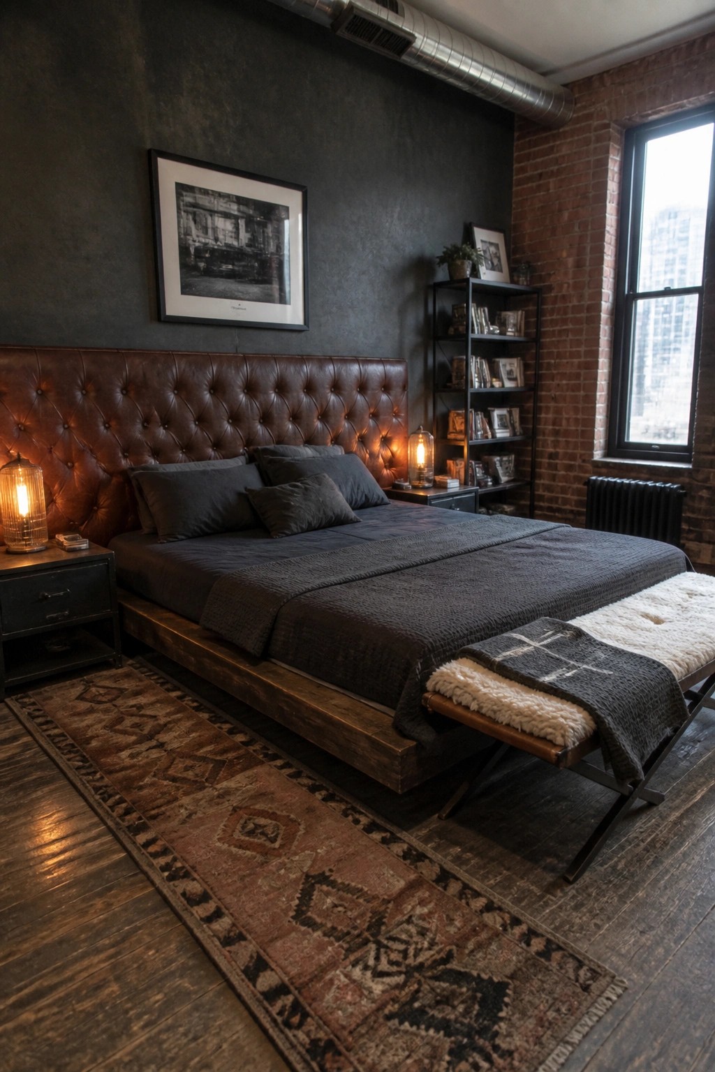 Industrial bedroom with tufted leather headboard, dark bedding, brick wall, and patterned rug
