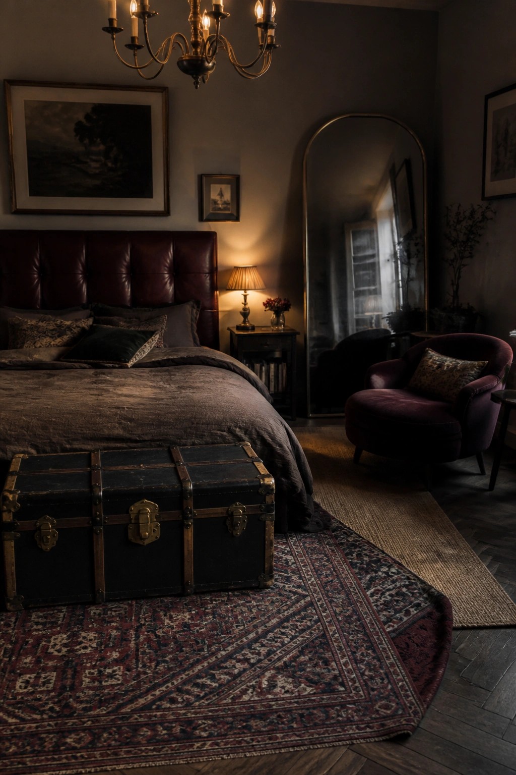 A dark bedroom with a tufted burgundy leather headboard, dark bedding, a black vintage trunk at the foot of the bed, and a velvet armchair next to an arched mirror.