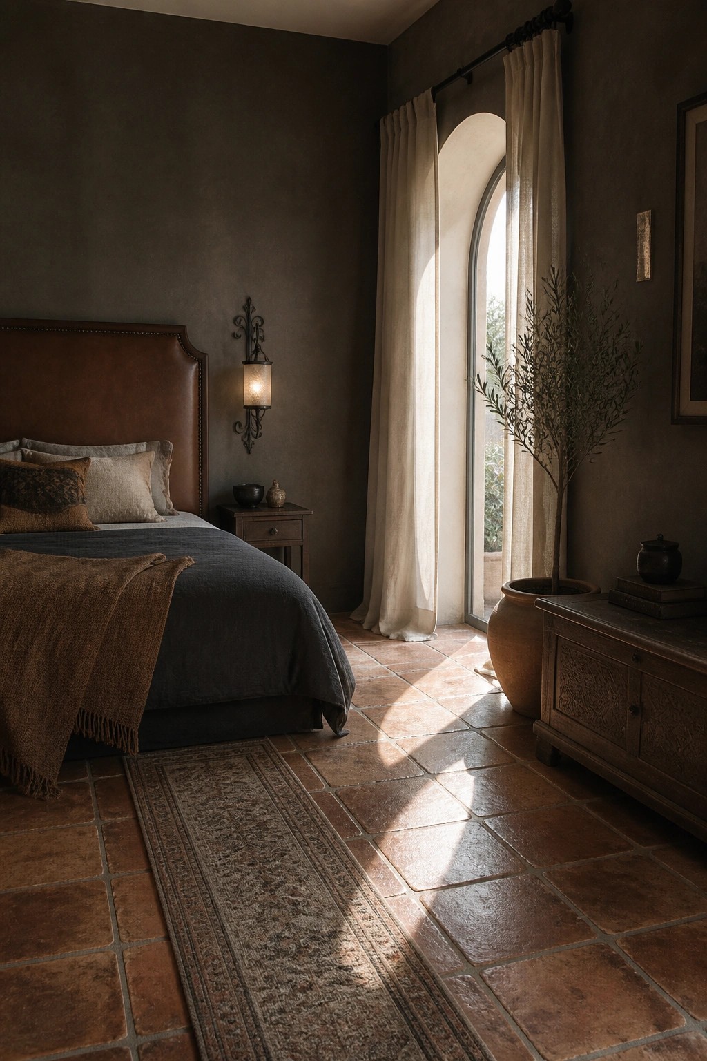 A bedroom featuring a brown leather headboard against dark walls, with terracotta tile flooring and sunlight streaming through an arched window.