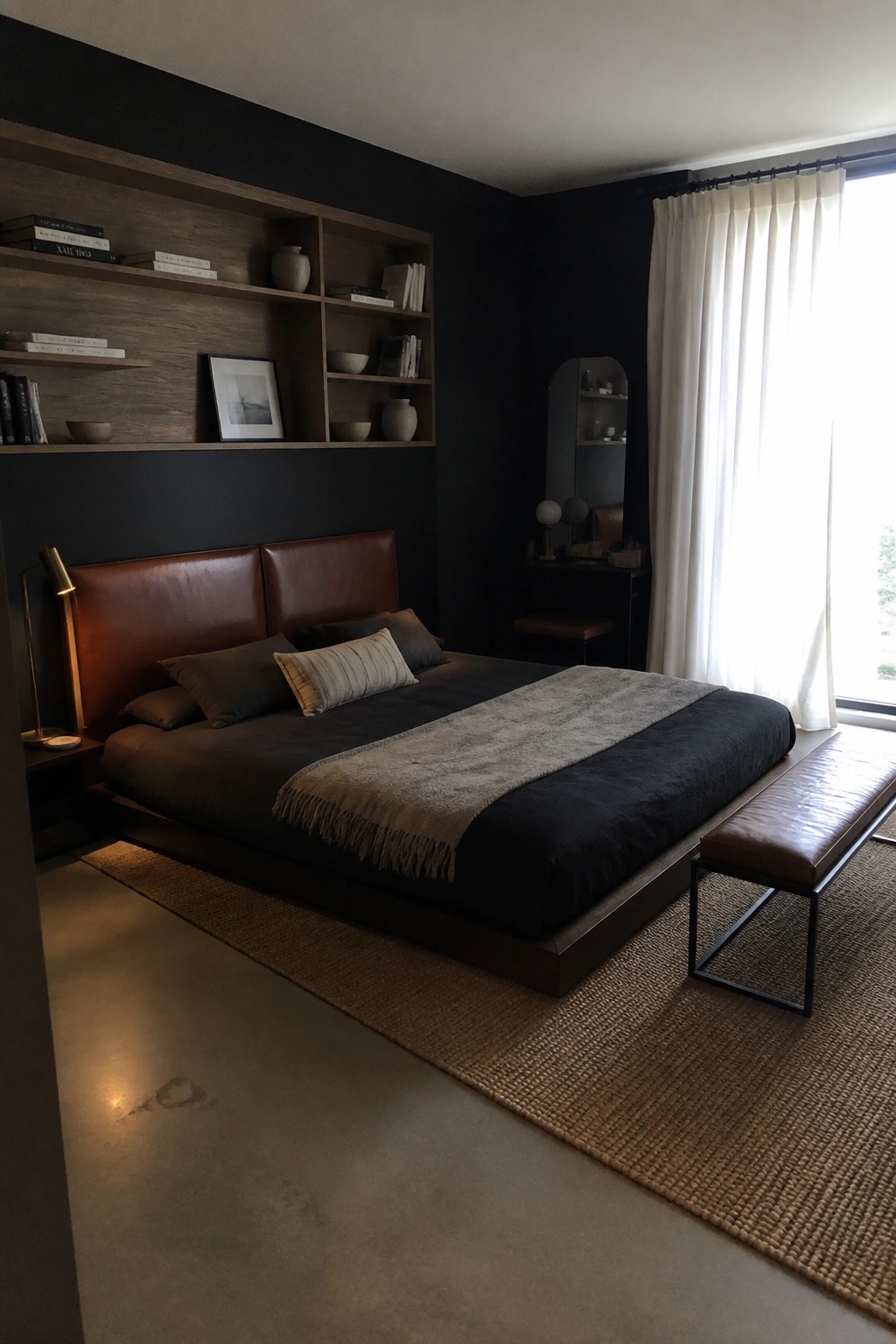 A bedroom featuring a low platform bed with a brown leather headboard against dark walls, built-in wooden shelves above, and a large window with white curtains on the right.