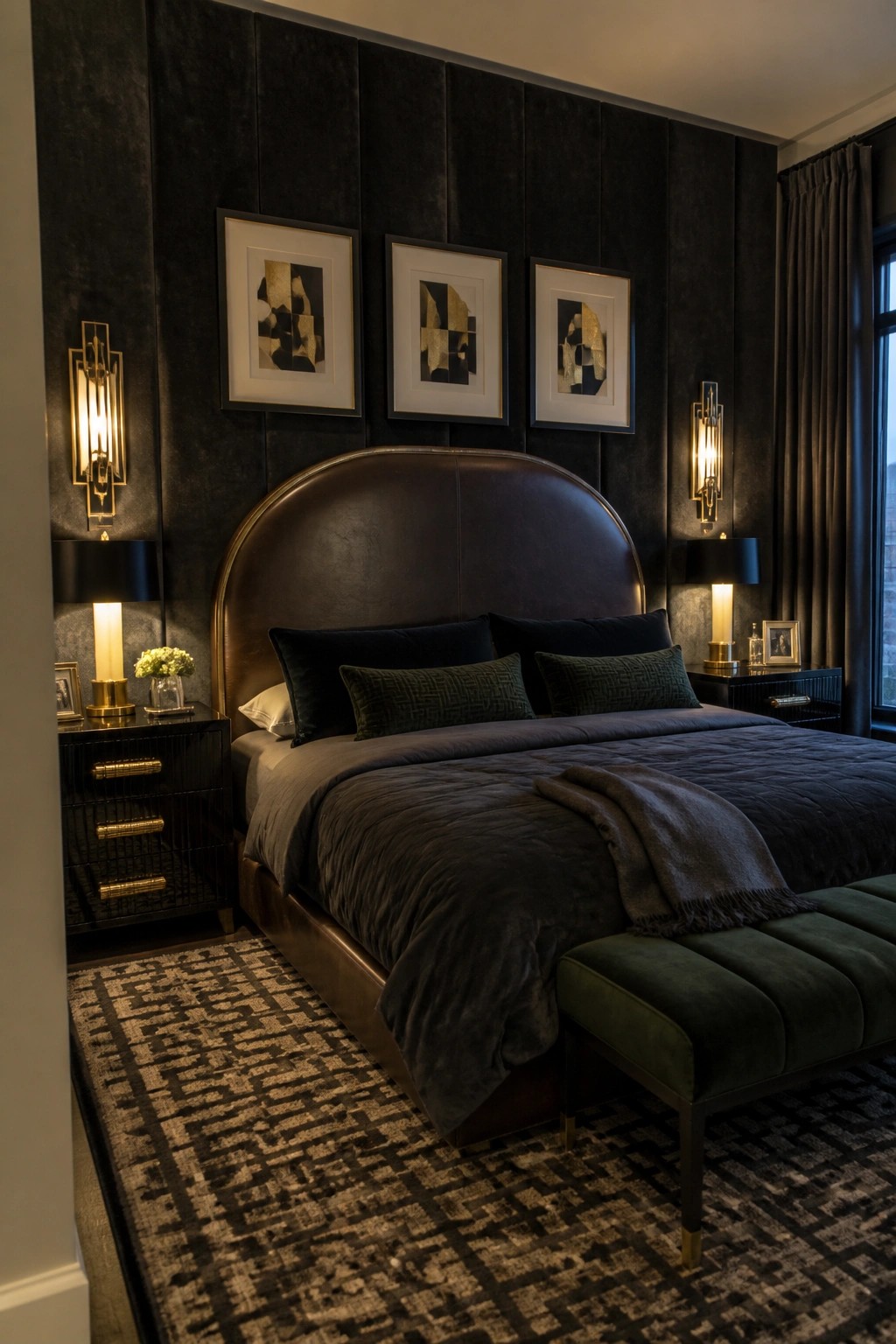 Luxurious dark bedroom with leather bed, abstract art, and green velvet bench.