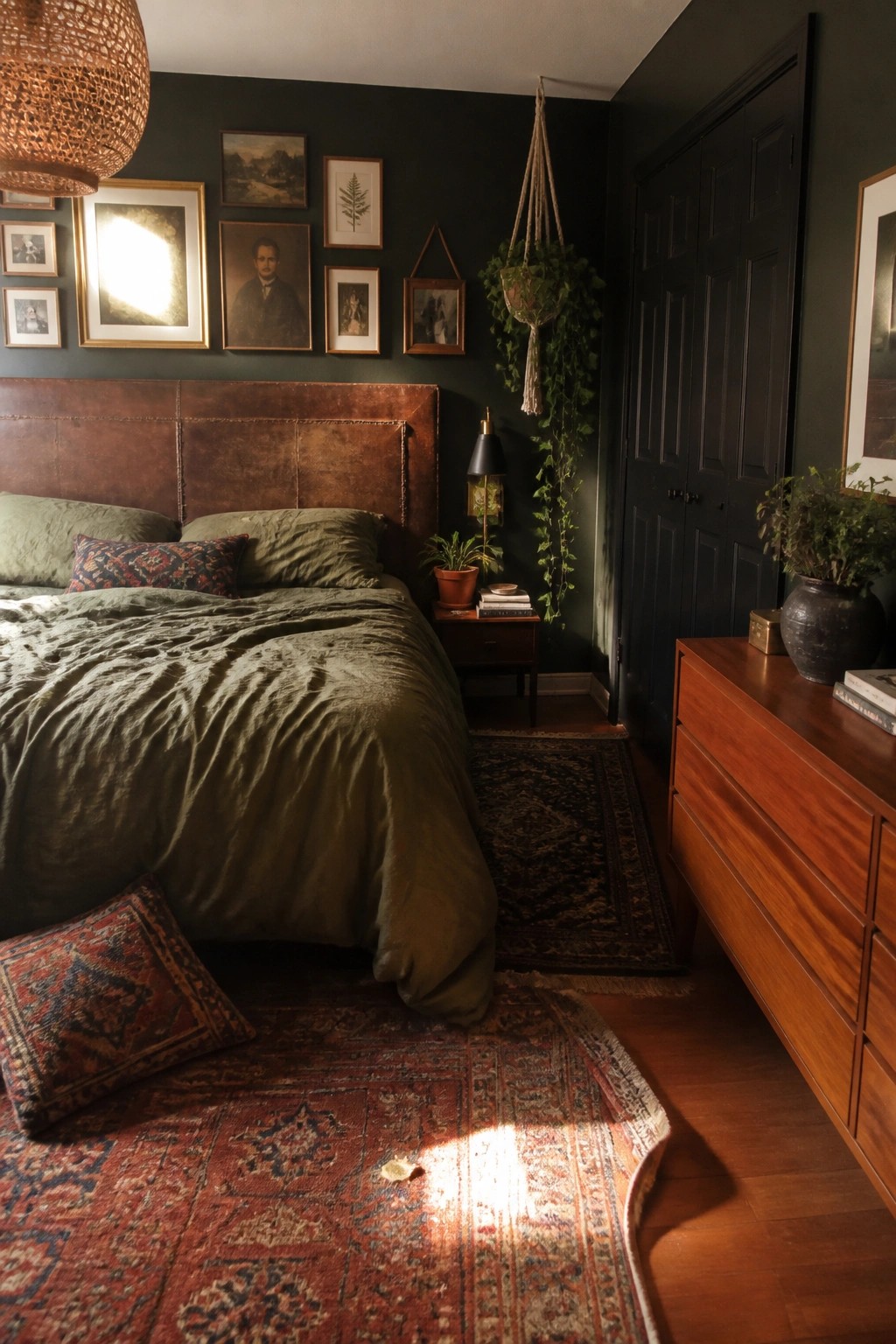 A bedroom featuring a brown leather headboard against dark green walls, with green bedding, patterned rugs, and a wooden dresser on the right.