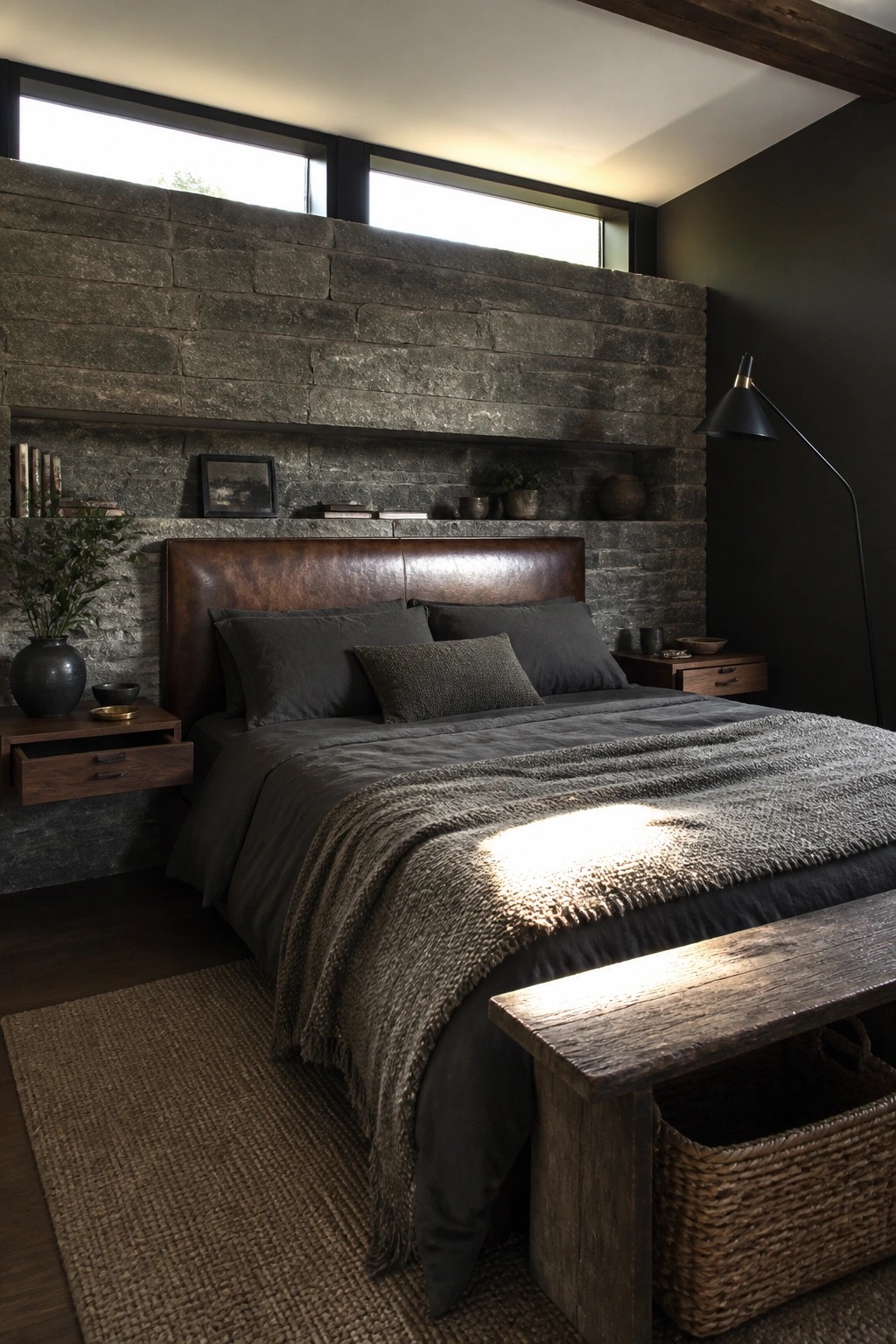 A bedroom with a brown leather headboard against a dark stone wall, dark gray bedding, and a wooden bench at the foot of the bed.