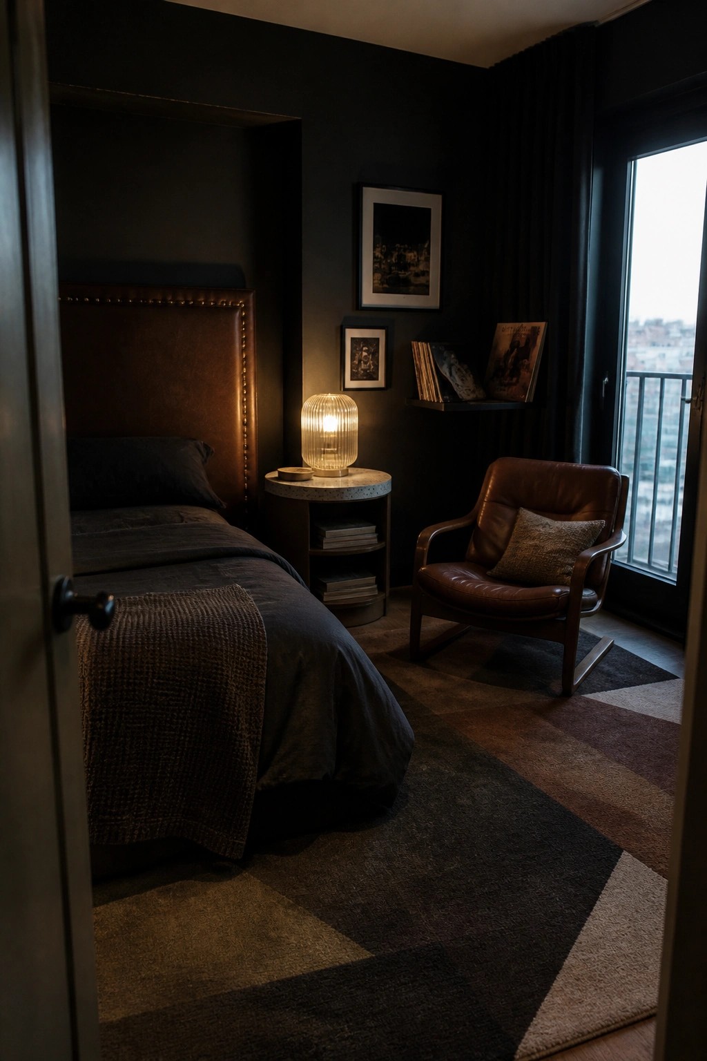 Dark bedroom with leather bed, glowing lamp, brown armchair, and geometric rug.