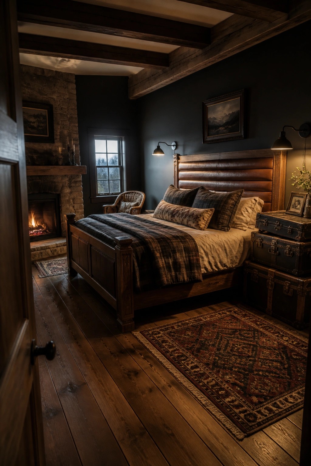 A dark bedroom with a large wooden bed featuring a brown leather headboard, plaid bedding, wall sconces, and stacked vintage trunks beside the bed.